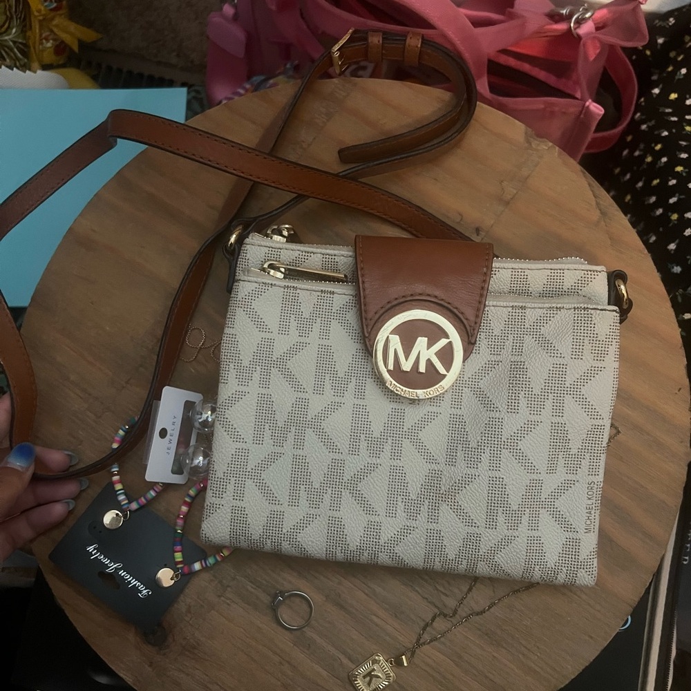 Michael Kors Tan and Cream Logo Crossbody Bag